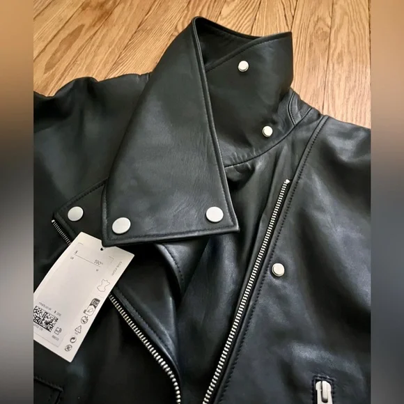 COS Black Cropped Leather Biker Jacket - Picture 5 of 9